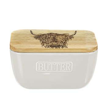 Highland Cow White Butter Dish with Oak Lid