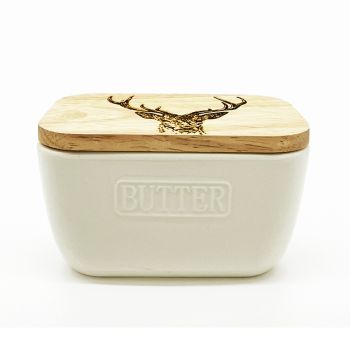 Stag Prince White Butter Dish with Oak Lid