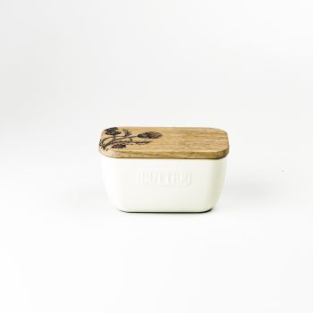 Trio of Thistles White Butter Dish with Oak Lid