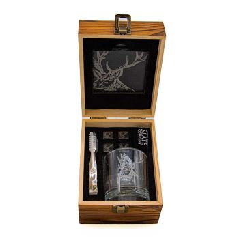 Stag Drinks Set - Glass, Coaster, Whisky Stones & Tongs (Gift boxed)